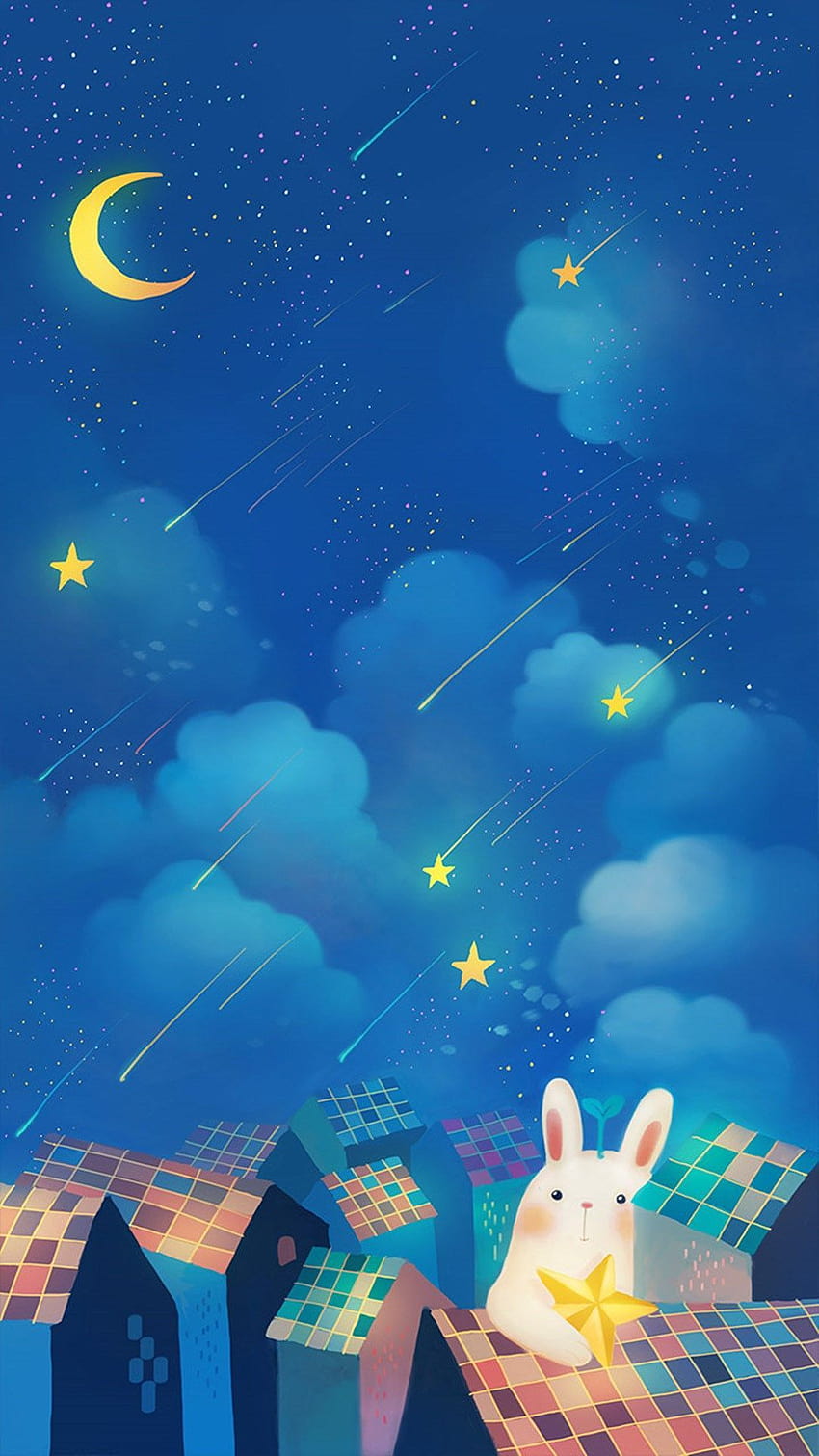 Romantic Night Moon Star Clouds Sky Rabbit House Top iPhone 6, night cartoon HD phone wallpaper