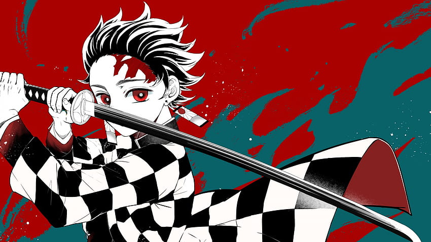 Demon Slayer Tanjirou Kamado portant une robe à carreaux noir et blanc avec des yeux rouges ayant une épée avec des arrière-plans d'anime rouge et vert Fond d'écran HD