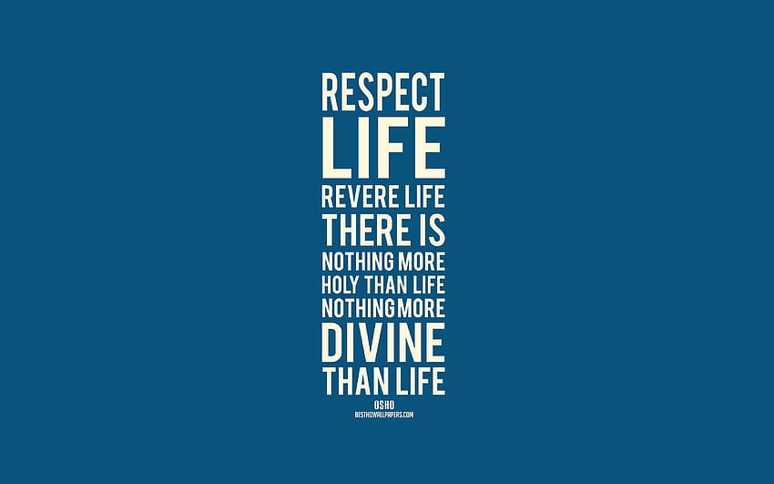 Respektiere das Leben, verehre das Leben. Es gibt nichts Heiligeres als das Leben, nichts Göttlicheres als das Leben, Zitate von Osho, blaue Hintergründe mit einer Auflösung von 3840 x 2400. Gute Qualität HD-Hintergrundbild