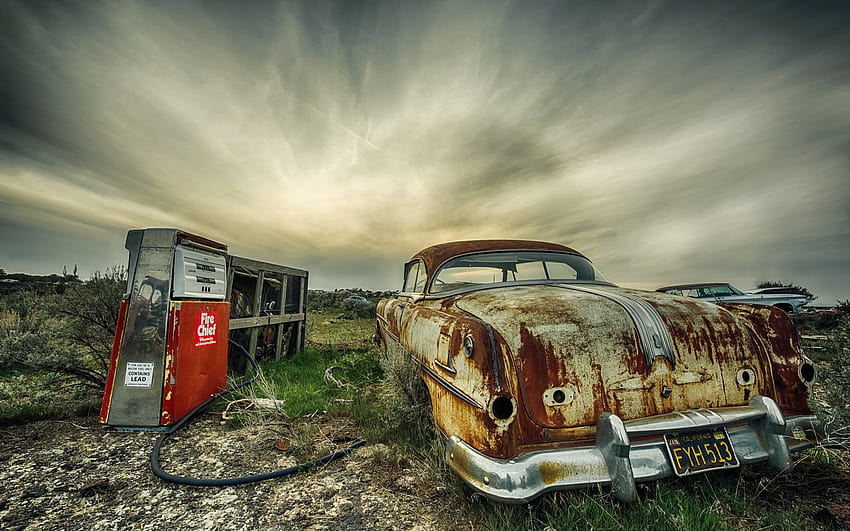 Veicolo vintage marrone, relitto, auto, R, abbandonato, mezzo di trasporto • For You For & Mobile, auto abbandonata Sfondo HD