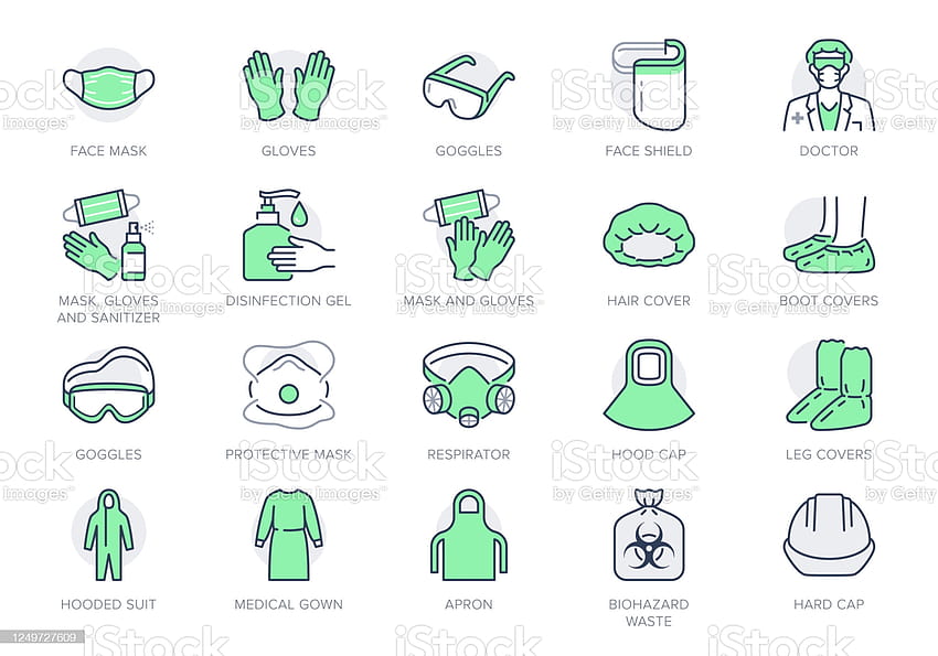 ✓ Medical PPE line icons. Vector illustration included icon as face mask, gloves, doctor gown, hair cover, biohazard waste, outline pictogram of protective equipment. Editable Stroke, Green Color Stock HD wallpaper