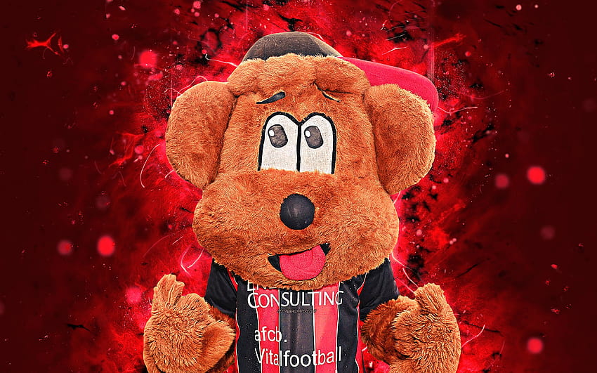 Cherry Bear, mascot, Bournemouth, abstract art, Premier League, creative, official mascot, neon lights, Bournemouth FC mascot with resolution 3840x2400. High Quality HD wallpaper