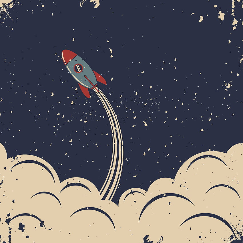 Lanzamiento de cohetes retro, dibujos animados de naves espaciales fondo de pantalla del teléfono