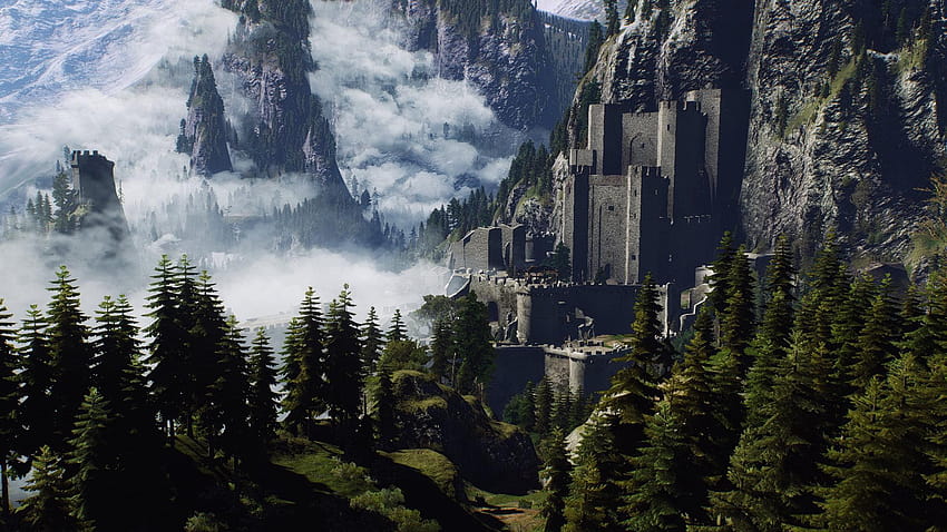 Gray castle, fantasy art, trees, mountains, clouds, mountain castle HD wallpaper