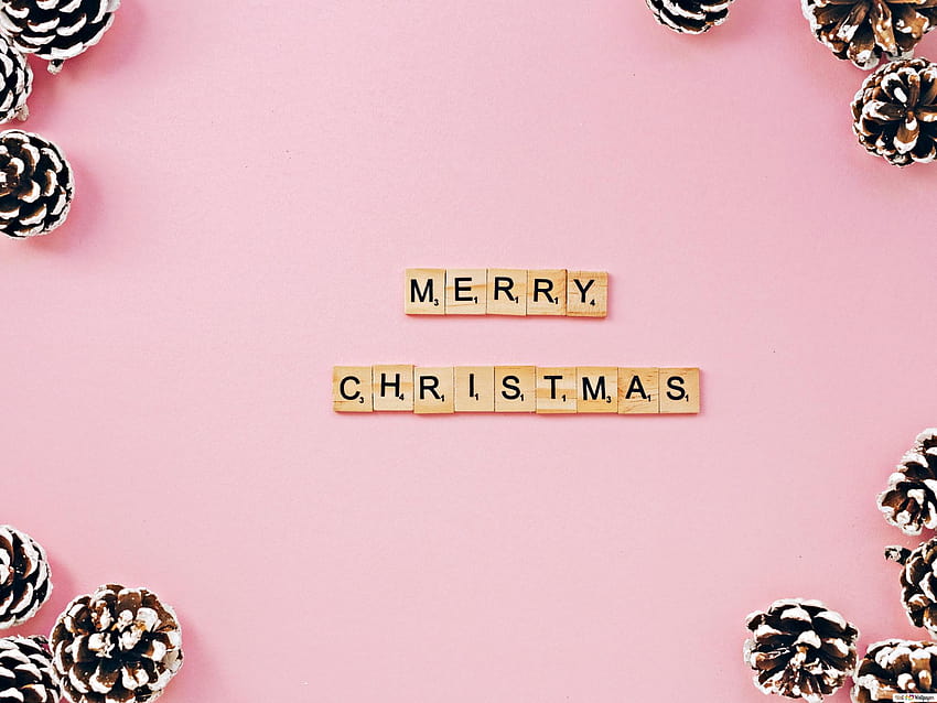 Wesołych Świąt pozdrowienia w różowym minimalistycznym tle i szyszkach sosnowych Tapeta HD