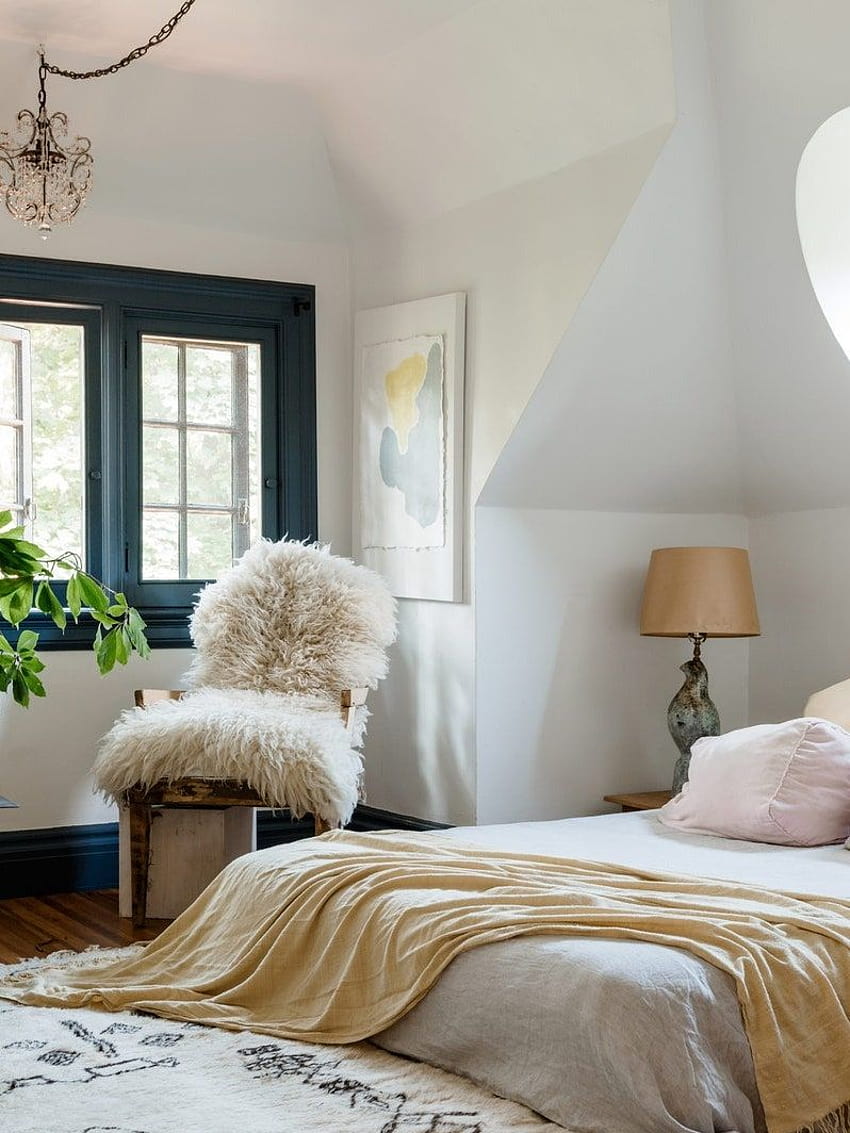 Cozy bohemian master bedroom interior with Grey Speckle removable wall