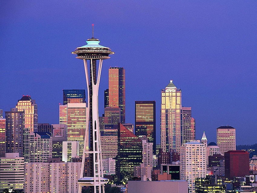 Seattle Washington Space Needle Sky Clouds Mountains Cities HD wallpaper