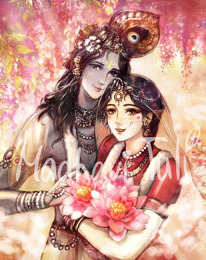 Datei Shri Krishna mit Shri Radha, Radha Krishna, mit Lotuses, Anime Radha und Krishna HD-Handy-Hintergrundbild