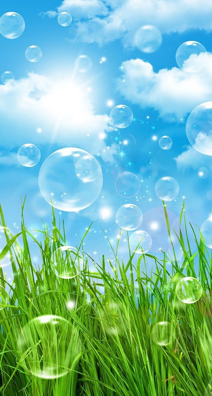 TOQUE E OBTENHA O APLICATIVO! Shining Nature Sky Green Grass Blue Bubbles Sparkle Pure F…, grama verão Papel de parede de celular HD
