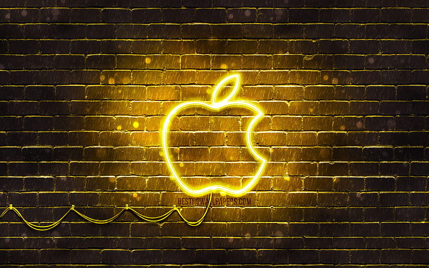 Żółte logo Apple, żółta ściana z cegły, żółte neonowe jabłko, logo Apple, marki, neonowe logo Apple, Apple z rozdzielczością 3840x2400. Wysoka jakość Tapeta HD