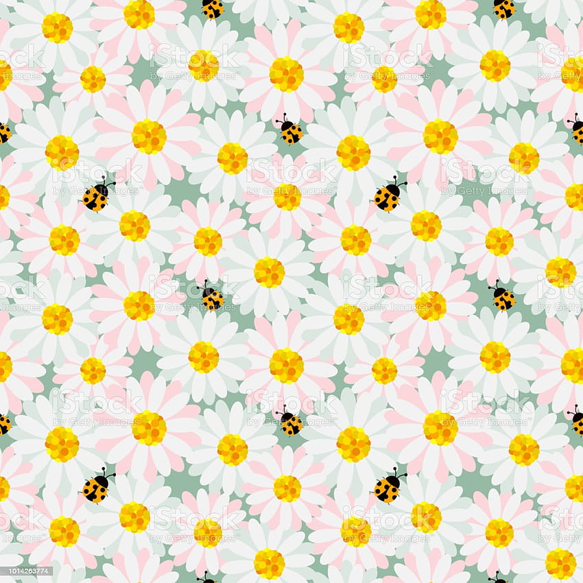 Cute Pastel Flowers Seamless Repeat Pattern With Ladybug On Soft Green Backgrounds Stock Illustration HD phone wallpaper