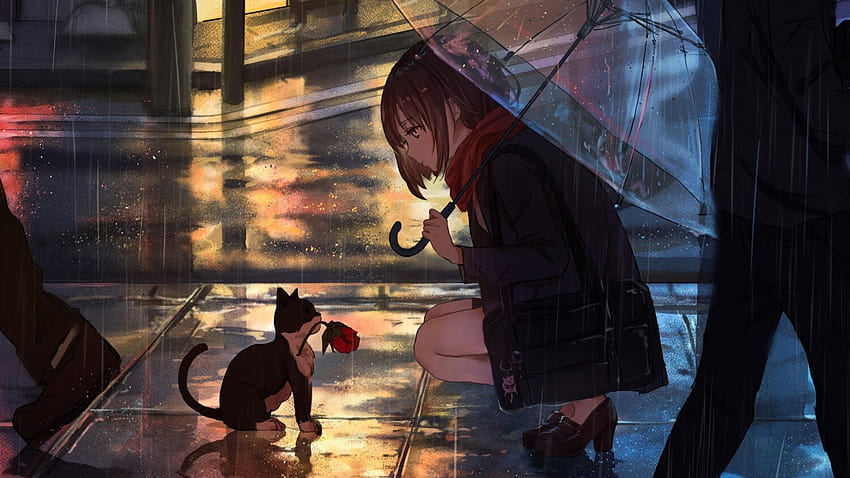 1920x1080 girl, kitten, flower, anime, anime girls rainy HD wallpaper
