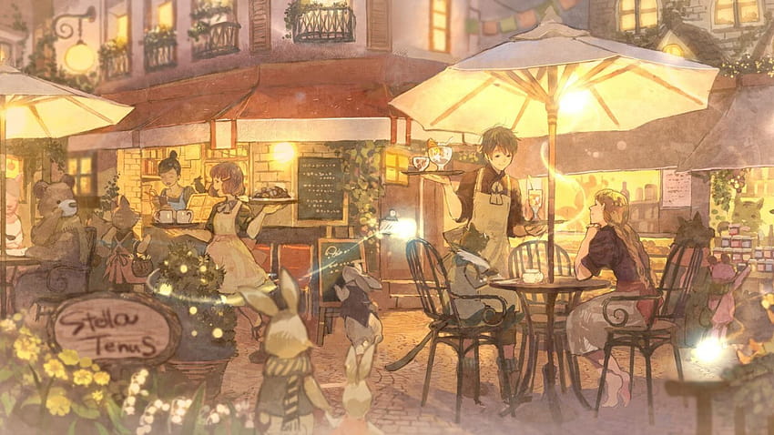 Chairs cafe bears anime boys umbrellas girls HD wallpaper