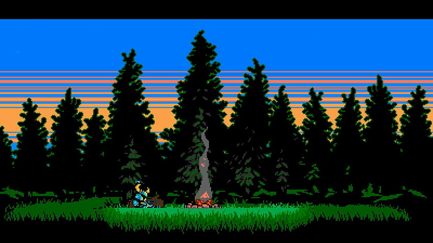 Illustrazione di alberi di pino verde, Shovel Knight, videogiochi, pixel, pixel art retrò Sfondo HD