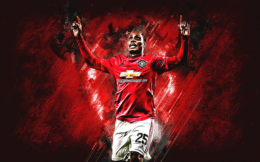 Odion Ighalo, Manchester United FC, nigeryjski piłkarz, portret, tło z czerwonego kamienia, piłka nożna, Premier League, Anglia z rozdzielczością 2880x1800. Wysoka jakość, czerwone sus Tapeta HD
