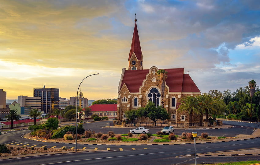 sunset, the city, road, home, the evening, Church, Namibia, capital, Windhoek , section город HD wallpaper