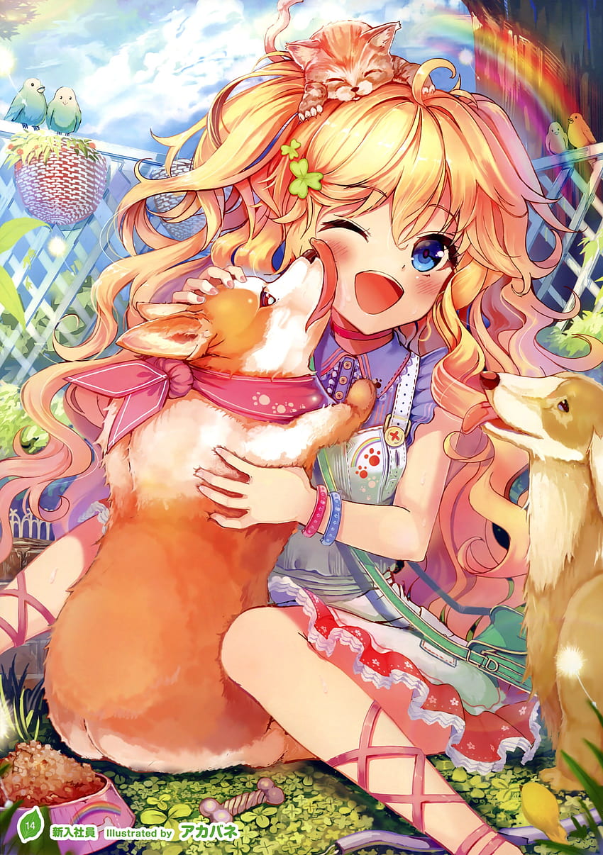 Animal anime sweet cute girl dog pink color flower birds, animal anime girl HD phone wallpaper