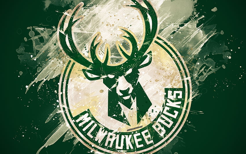Milwaukee Bucks, sztuka grunge, logo, amerykański klub koszykówki, zielone tło grunge, plamy farby, NBA, godło, Milwaukee, Wisconsin, USA, koszykówka, Konferencja Wschodnia, National Basketball Association with Tapeta HD