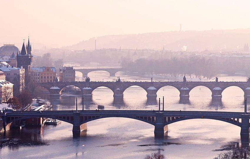 inverno, nebbia, fiume, Praga, Repubblica Ceca, ponti, Vltava , sezione город, praga invernale Sfondo HD