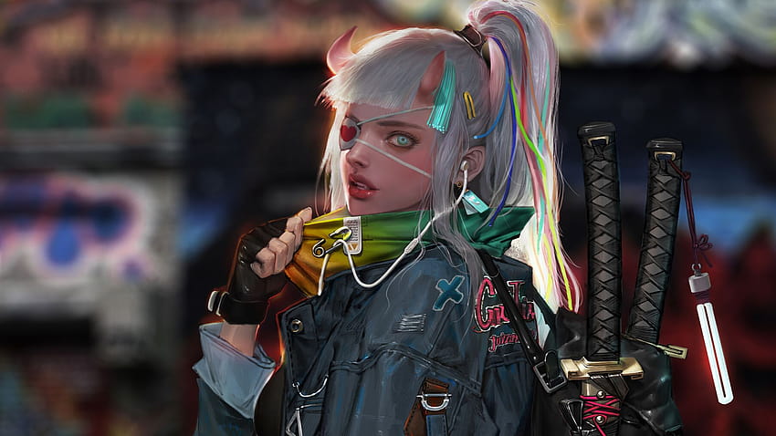 devil girl, cyberpunk, girl warrior, art, , background, 7953d6, satan girl pc HD wallpaper