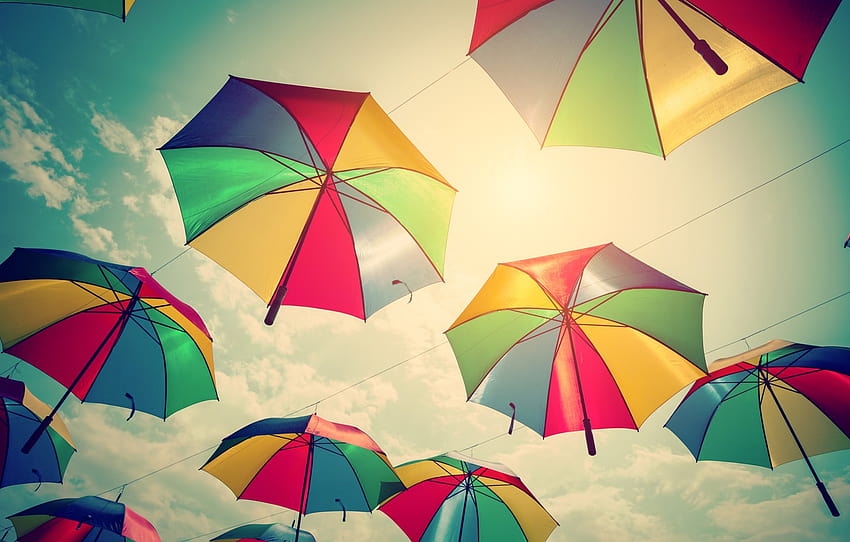 summer, the sky, colors, umbrella, colorful, umbrellas, rainbow, summer, flying, umbrella , section разное, summer umbrellas HD wallpaper