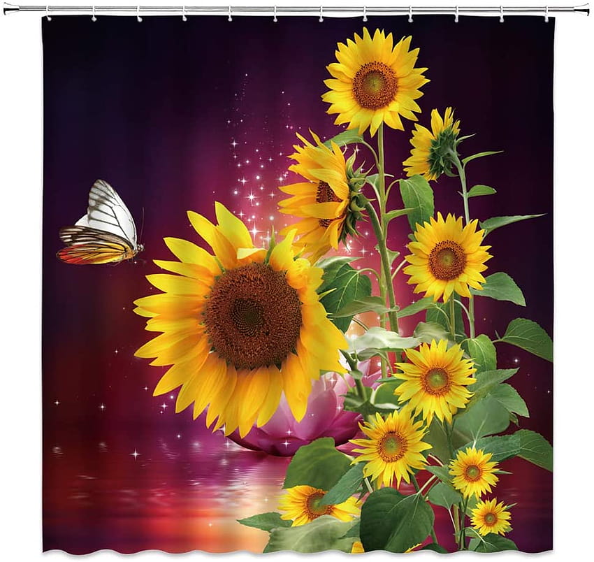 WZFashion Sunflower Shower Curtain Set Butterfly Fantasy Lotus Star Night Yellow Green Leaves Floral Nature Summer Flower Art Scene Purple Backgrounds Fabric Bath Curtain 70 X 70 Inch with Hook: Home HD wallpaper