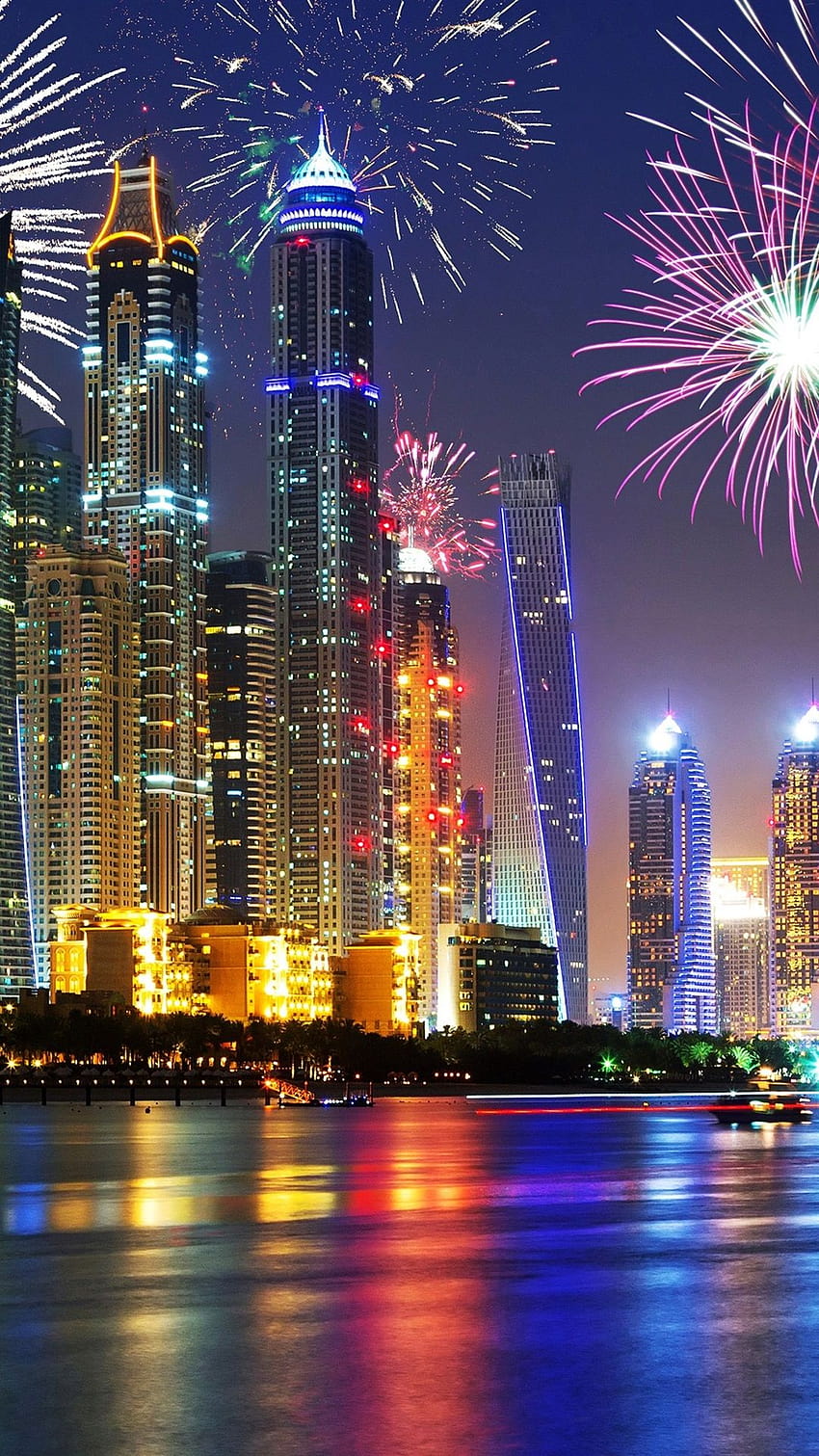 UAE, Dubai, beautiful night, waterfront, skyscrapers, dubai buildings night lights HD phone wallpaper