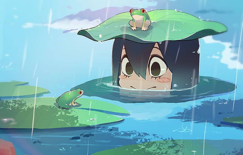girl, rain, frog, smile, anime, water, cute, frogs, exploration , section прочее, anime frog HD wallpaper