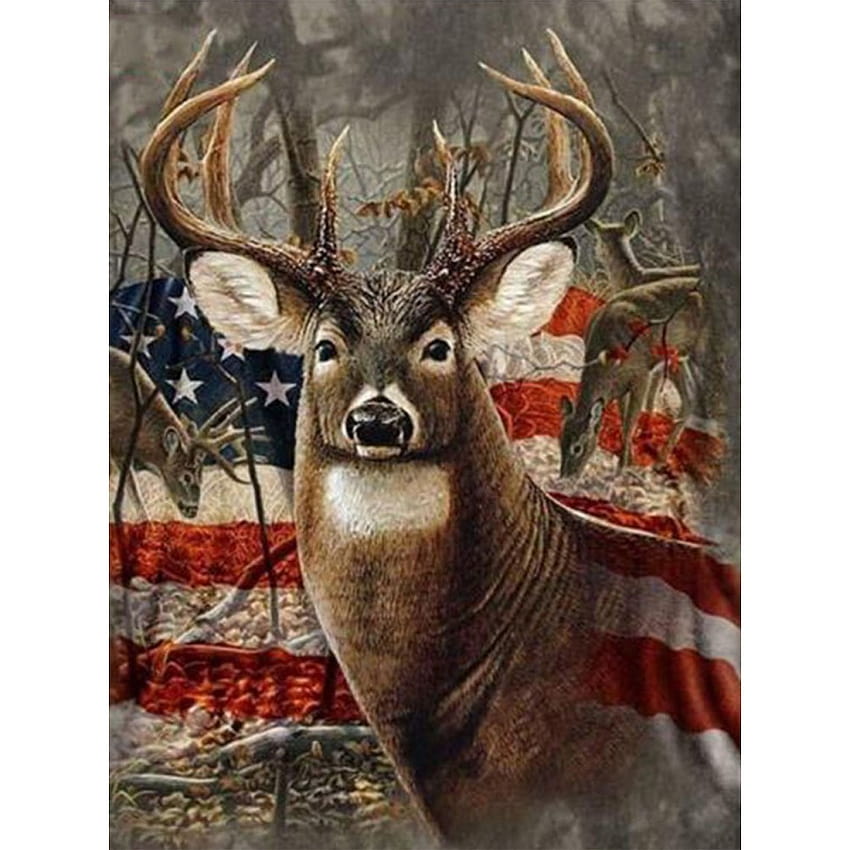 アメリカ国旗と鹿のダイヤモンドアート、鹿の旗 HD電話の壁紙