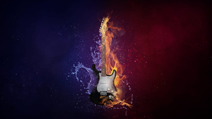 Guitarra eléctrica, instrumento, oscuro, fuego, agua, púrpura, grafía, guitarra de neón fondo de pantalla
