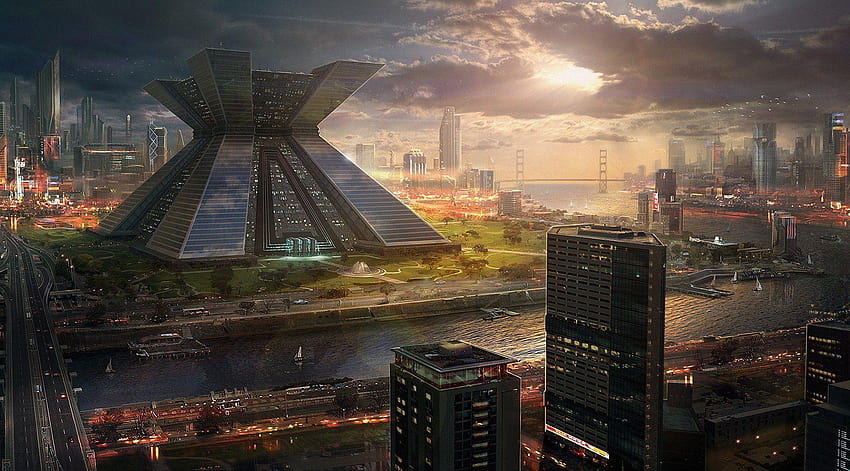 arte cidade metrópole futuro pôr do sol rio ponte arranha-céu papel de parede HD