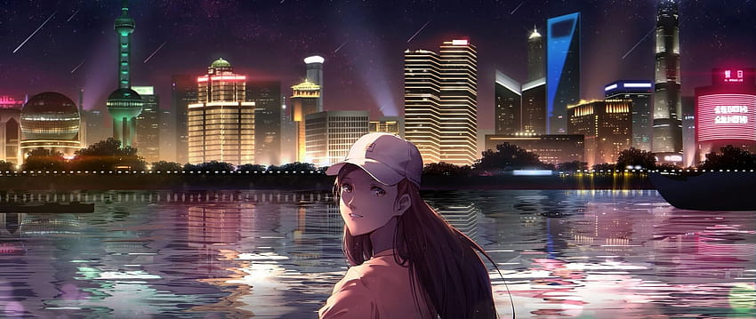 2560 x 1080 Ausgehen, Stadt, Anime-Mädchen, Original, doppelt breit, Breit, 2560 x 1080, Hintergrund, 20506, Anime bei Nacht in der Stadt HD-Hintergrundbild