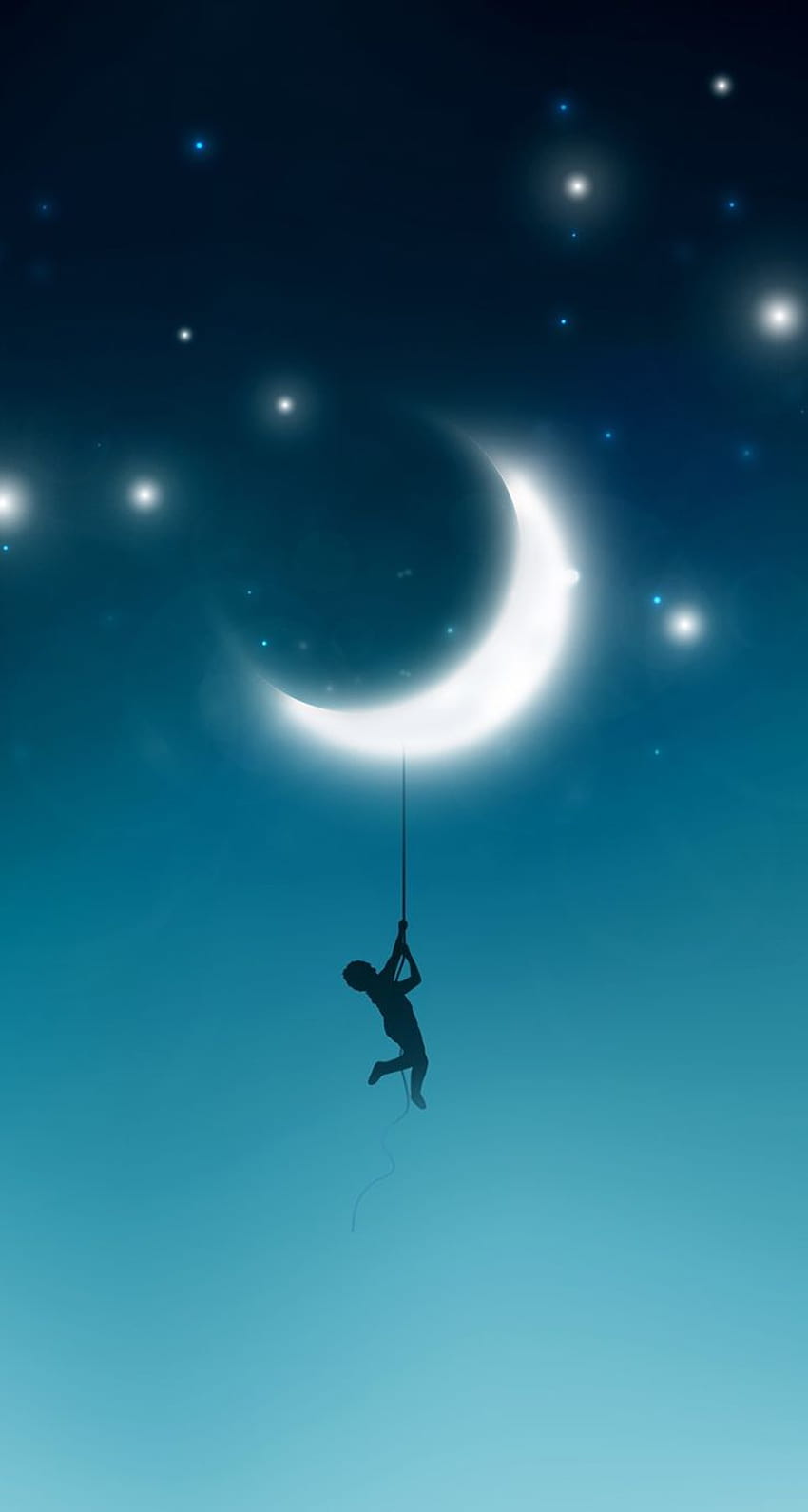 DOTKNIJ I POBIERZ APLIKACJĘ! Art Moon Night Stars Creative Fairy Tale Blue Sparkle Bright Sky Shin… Tapeta na telefon HD