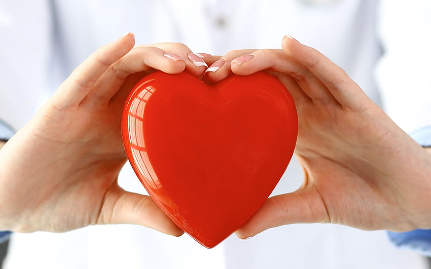 elinde kırmızı kalp, kardiyoloji, elinde kalp olan doktor, kardiyolog, doktor, sağlıklı kalp kavramları, 2880x1800 çözünürlüklü tıp kavramları. Yüksek Kalite HD duvar kağıdı