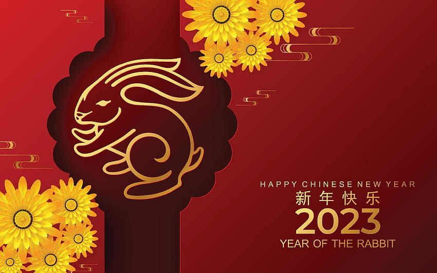 Feliz ano novo chinês 2023 gong xi fa cai ano do coelho, lebres, signo do zodíaco do coelho com flor, lanterna, elementos asiáticos estilo de corte de papel dourado na cor de fundo. 7357514 Arte vetorial em Vecteezy, ano novo lunar 2023 papel de parede HD