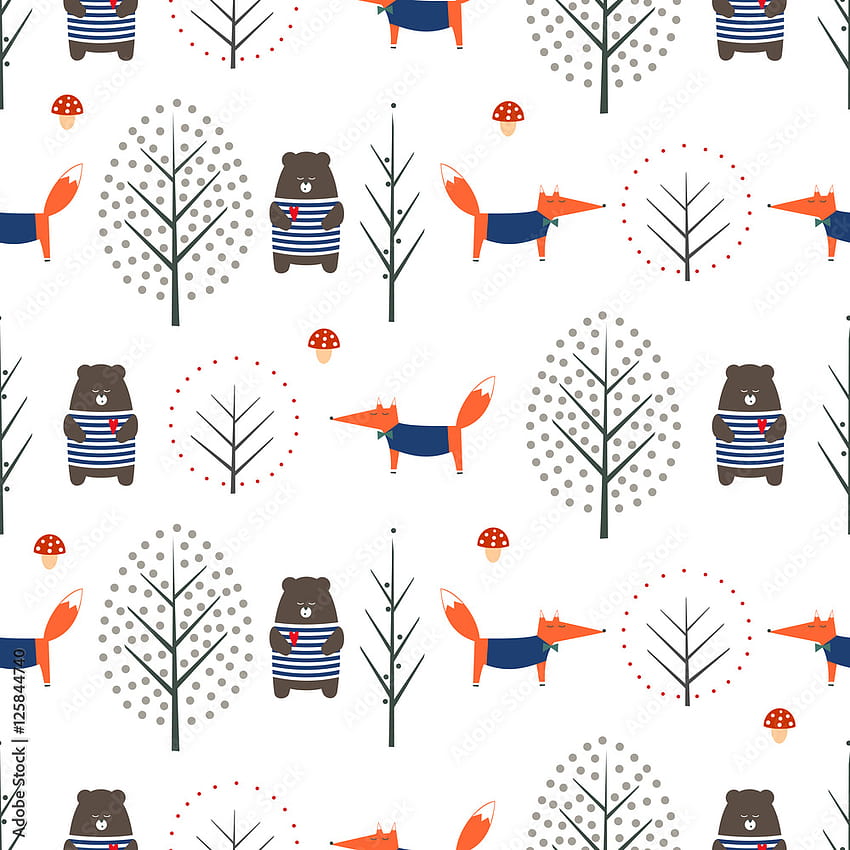 白い背景にキツネ、クマ、秋の木々、きのこのシームレスな模様。 かわいい北欧風の自然のイラスト。 テキスタイル、ファブリックの動物デザインと秋の森。 株式ベクトル HD電話の壁紙