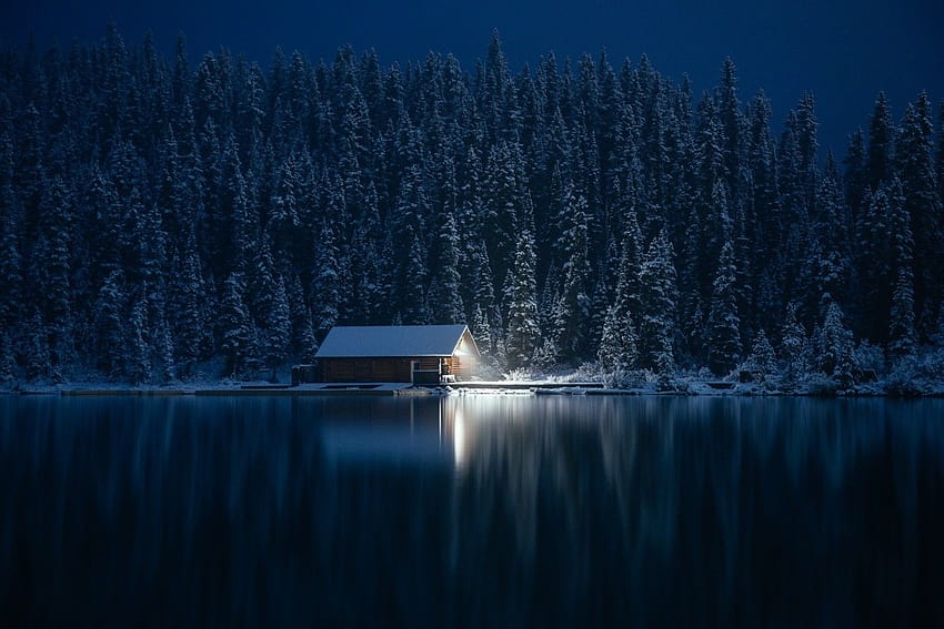 573479 graphy nature cabin winter forest lake snow lights pine trees cold landscape HD wallpaper