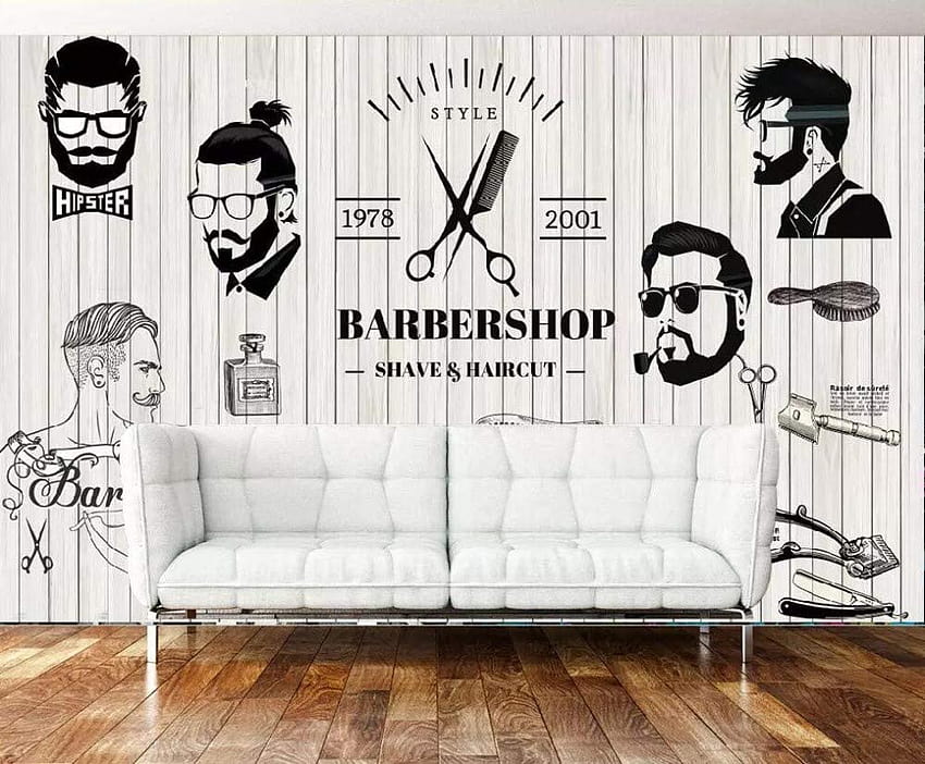 レトロなノスタルジックな黒と白の美容院の背景の壁の理髪店の装飾 3D、300Cm×210Cm 高画質の壁紙