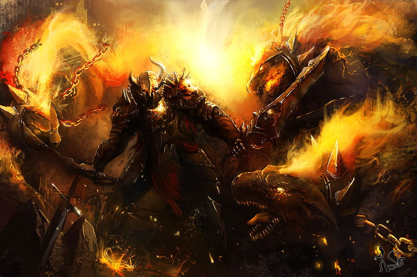 Armor Swords Monsters Fantasy Fire 3508x2330, fire swords HD wallpaper ...