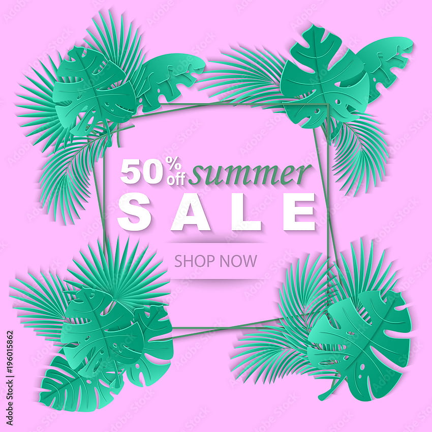 Summer sale banner with carved tropical palm leaves and 3d frame. Exotic floral background, design for banner, flyer, poster, invitation, web site, presentation, . Paper cut out style. Stock Vector HD phone wallpaper