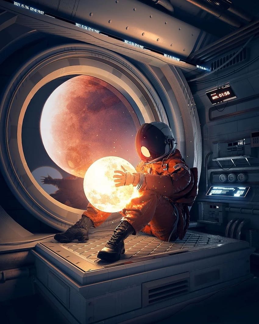 astronot memegang bulan di pesawat ruang angkasa wallpaper ponsel HD