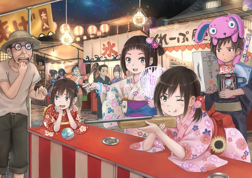 capelli castani fan festival cibo pistola vestiti giapponesi kimono originale capelli corti estate taka, festival estivo Sfondo HD