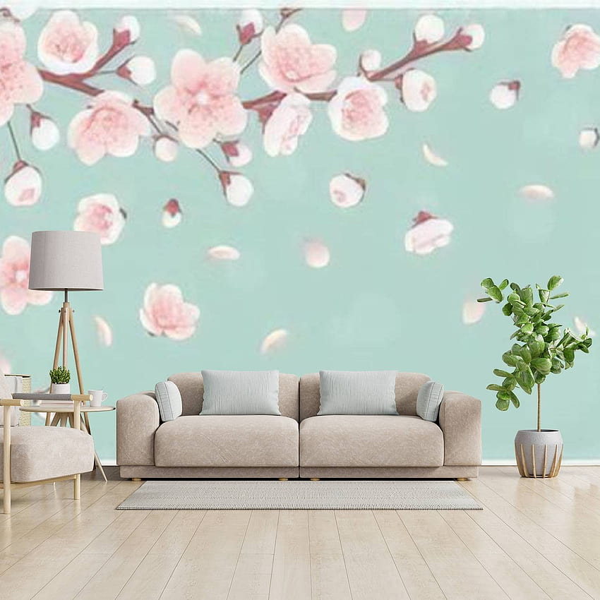 3D-Wander, abnehmbar, abziehen und aufkleben, moderne Wandaufkleber, horizontale Vorlage mit Kirschblüten, Frühlingsblumen, fallenden Blütenblättern, Wandpapier für Wohnzimmer, Schlafzimmer, Wanddekoration HD-Handy-Hintergrundbild