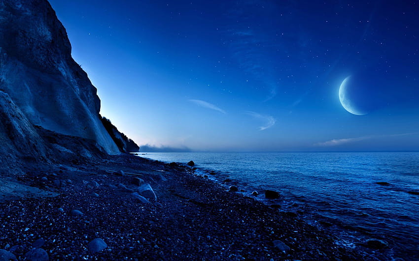 Nightfall Mountain Sea Moon, half moon HD wallpaper | Pxfuel