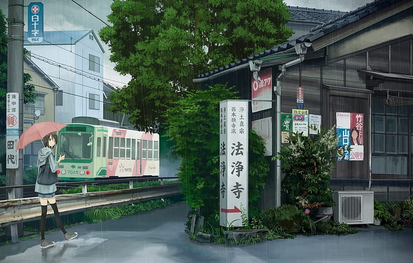 rain, umbrella, anime, Japan, art, girl, tram , section прочее, anime japan HD wallpaper