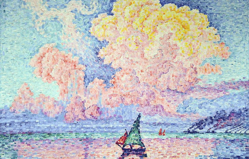sea, landscape, boat, sail, Paul Signac, pointillism, Pink Cloud. Antibes , section живопись, pol g HD wallpaper