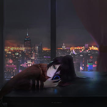 Anime Girl Art Train Night City Wallpaper iPhone Phone 4K #1470f