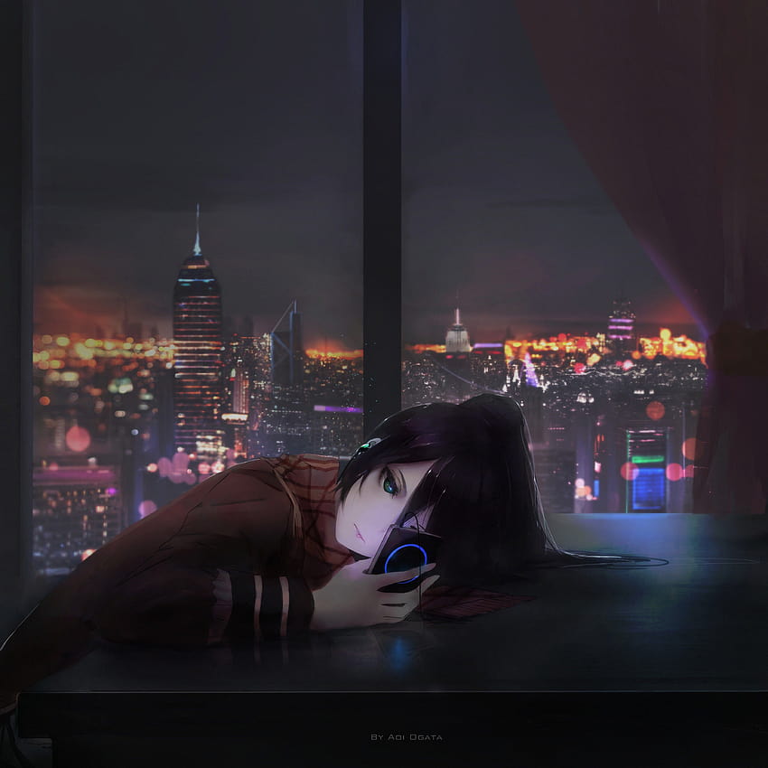 : city, night, anime girls, reflection, artwork, evening, midnight, Aoi Ogata, light, stage, darkness, screenshot, computer 4000x4000, good evening anime HD phone wallpaper