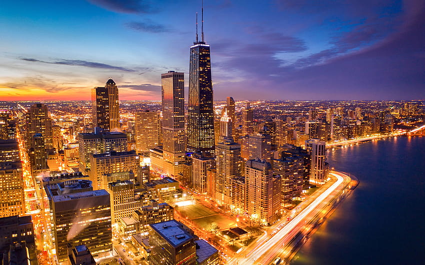 シカゴ、ミシガン湖、近代的な建物、夜景、アメリカの都市、イリノイ州、アメリカ、夜のシカゴ、アメリカ、シカゴ市、イリノイ州の都市、解像度 3840x2400。 高品質、 高画質の壁紙