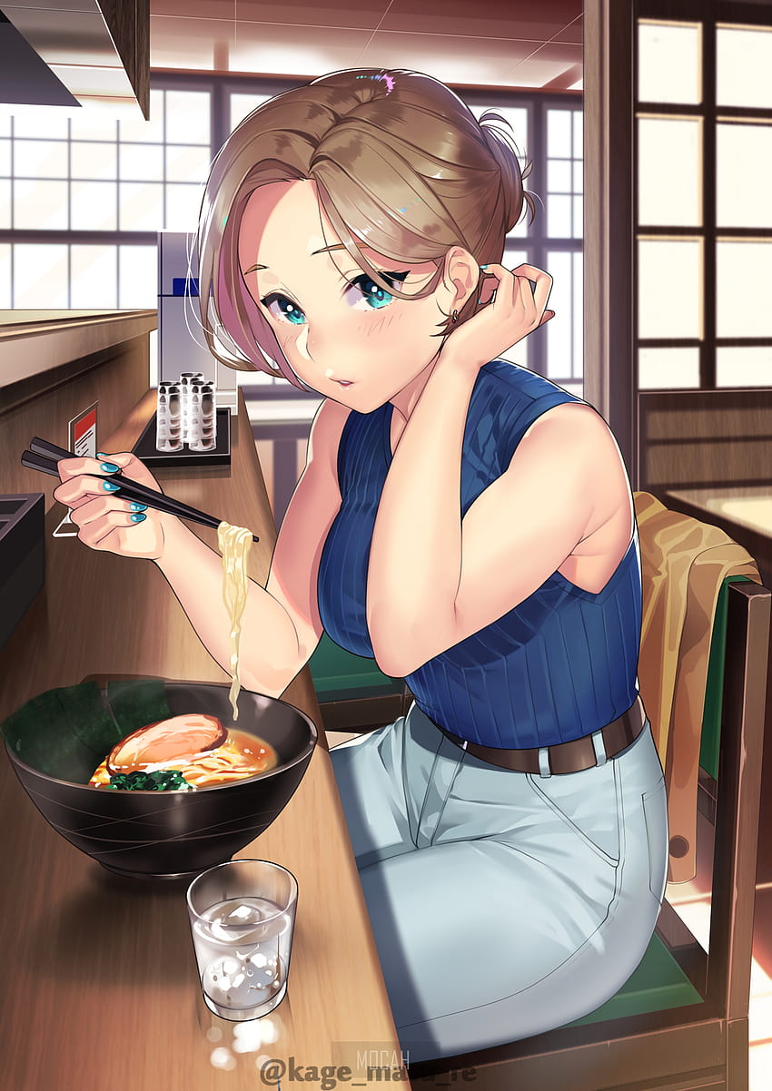 404516 anime, anime kız, orijinal karakter, yemek, anime kız yemek yiyor, esmer, yeşil gözlü, restoran, su, pantolon arka planı, 2122x3000, yemek yapan anime kız HD telefon duvar kağıdı